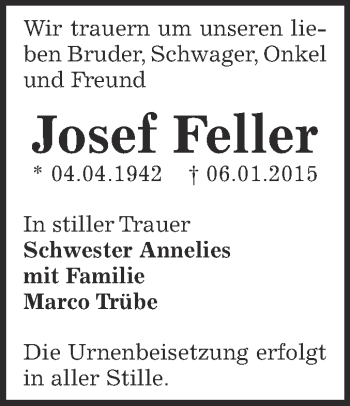 Traueranzeige von Josef Feller von Super Sonntag Bernburg