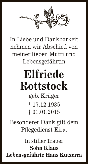 Traueranzeige von Elfriede Rottstock von WVG - Wochenspiegel Dessau / Köthen