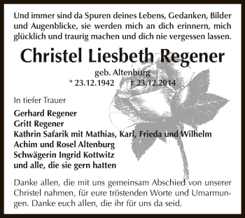 Traueranzeige von Christel Liesbeth Regener von WVG - Wochenspiegel Dessau / Köthen