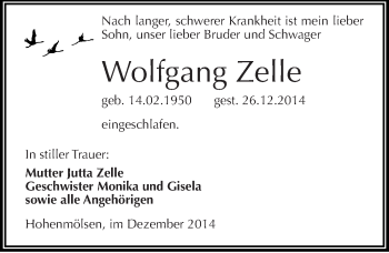 Traueranzeige von Wolfgang Zelle von Mitteldeutsche Zeitung Weißenfels