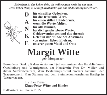 Traueranzeige von Margit Witte von WVG - Wochenspiegel Quedlinburg