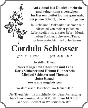 Traueranzeige von Cordula Schlosser von WVG - Wochenspiegel Quedlinburg