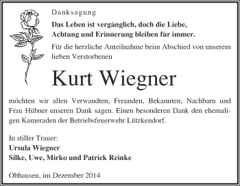 Traueranzeige von Kurt Wiegner von WVG - Wochenspiegel Merseburg