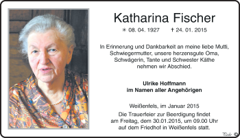 Traueranzeige von Katharina Fischer von Mitteldeutsche Zeitung Weißenfels