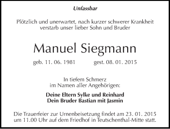 Traueranzeige von Manuel Siegmann von Mitteldeutsche Zeitung Halle/Saalkreis