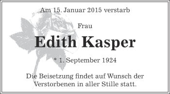 Traueranzeige von Edith Kasper von WVG - Wochenspiegel Dessau / Köthen