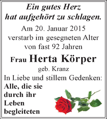 Traueranzeige von Herta Körper von Mitteldeutsche Zeitung Zeitz