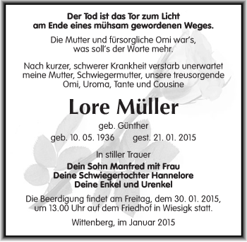 Traueranzeige von Lore Müller von Mitteldeutsche Zeitung Wittenberg
