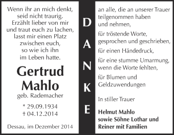 Traueranzeige von Gertrud Mahlo von WVG - Wochenspiegel Dessau / Köthen