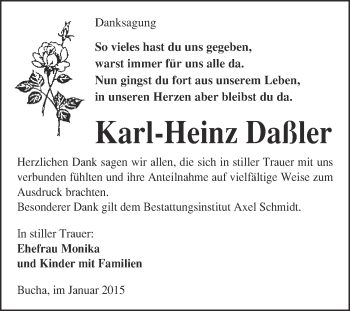 Traueranzeige von Karl-Heinz Daßler von WVG - Wochenspiegel NMB / WSF / ZTZ