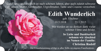 Traueranzeige von Edith Wunderlich von Mitteldeutsche Zeitung Wittenberg