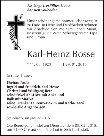 Traueranzeige von Karl-Heinz Bosse von Mitteldeutsche Zeitung Naumburg/Nebra