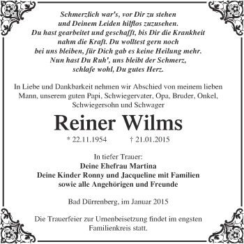 Traueranzeige von Reiner Wilms von Super Sonntag Merseburg