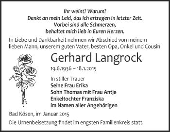 Traueranzeige von Gerhard Langrock von WVG - Wochenspiegel NMB / WSF / ZTZ