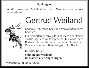 Traueranzeige von Gertrud Weiland von Mitteldeutsche Zeitung Merseburg/Querfurt