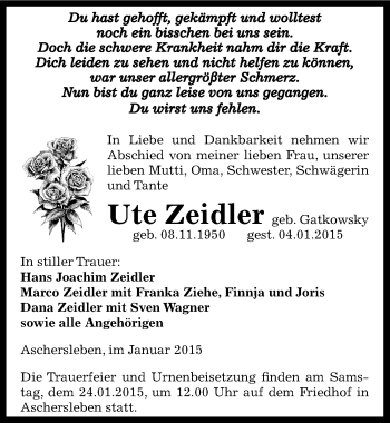 Traueranzeige von Ute Zeidler von Mitteldeutsche Zeitung Aschersleben