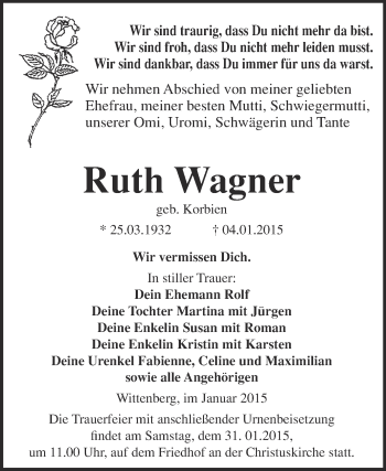 Traueranzeige von Ruth Wagner von WVG - Wochenspiegel Wittenberg