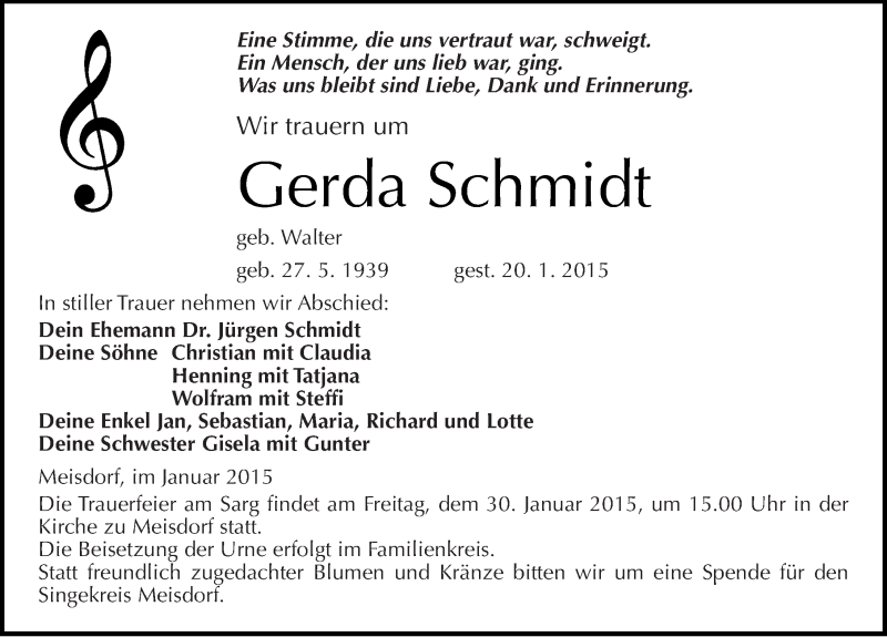  Traueranzeige für Gerda Schmidt vom 23.01.2015 aus Mitteldeutsche Zeitung