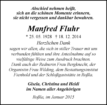 Traueranzeige von Manfred Fluhr von Mitteldeutsche Zeitung Sangerhausen