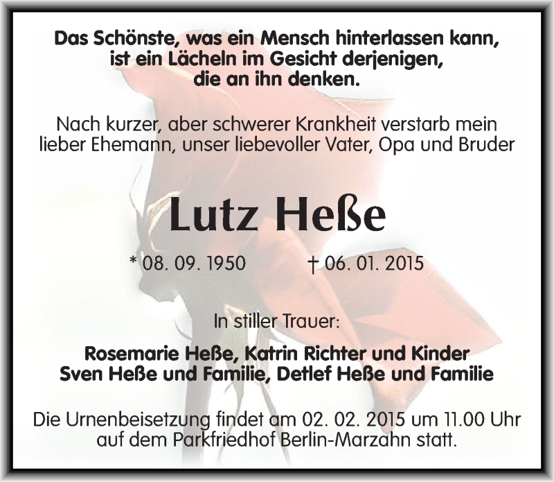  Traueranzeige für Lutz Heße vom 29.01.2015 aus Mitteldeutsche Zeitung Wittenberg
