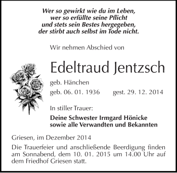 Traueranzeige von Edeltraud Jentzsch von Mitteldeutsche Zeitung Wittenberg