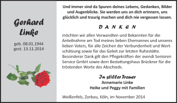 Traueranzeige von Gerhard Linke von WVG - Wochenspiegel NMB / WSF / ZTZ