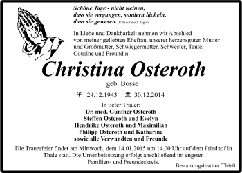 Traueranzeige von Christina Osteroth von Mitteldeutsche Zeitung Quedlinburg