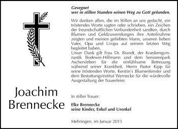 Traueranzeige von Joachim Brennecke von WVG - Wochenspiegel Aschersleben