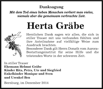 Traueranzeige von Herta Gräbe von Mitteldeutsche Zeitung Bernburg