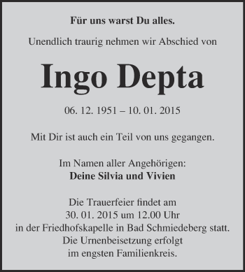 Traueranzeige von Ingo Depta von WVG - Wochenspiegel Wittenberg