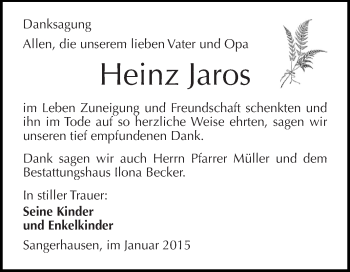 Traueranzeige von Heinz Jaros von Super Sonntag SGH Mansf. Land