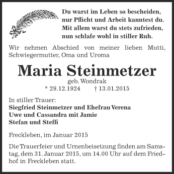 Traueranzeige von Maria Steinmetzer von Super Sonntag Aschersleben