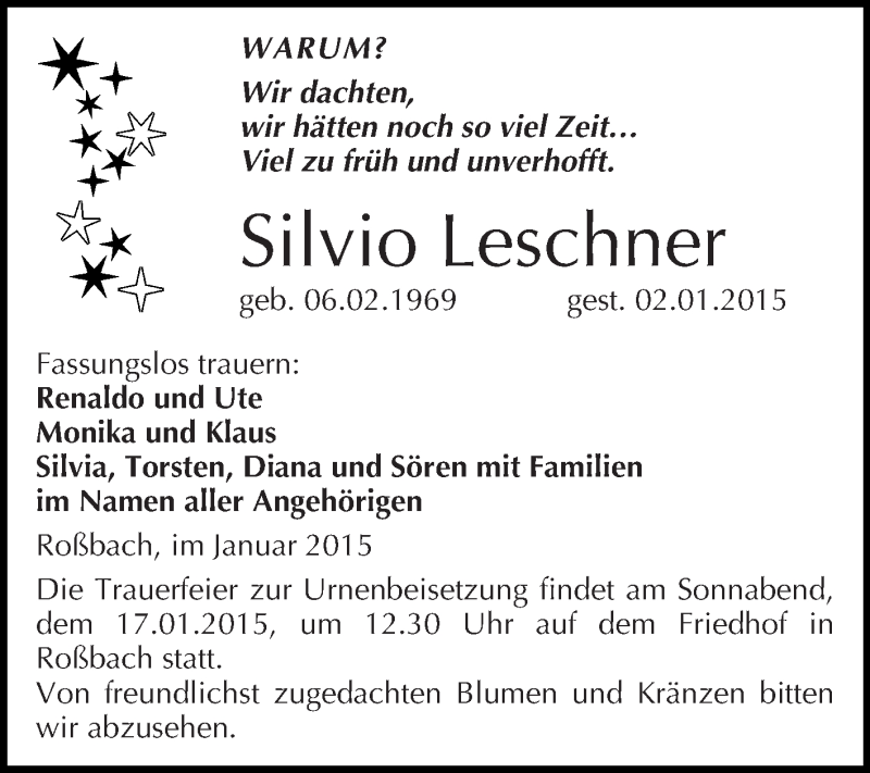  Traueranzeige für Silvio Leschner vom 11.01.2015 aus WVG - Wochenspiegel Merseburg
