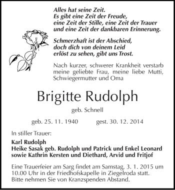 Traueranzeige von Brigitte Rudolph von Mitteldeutsche Zeitung Merseburg/Querfurt
