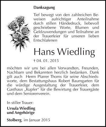 Traueranzeige von Hans Wiedling von Mitteldeutsche Zeitung Sangerhausen