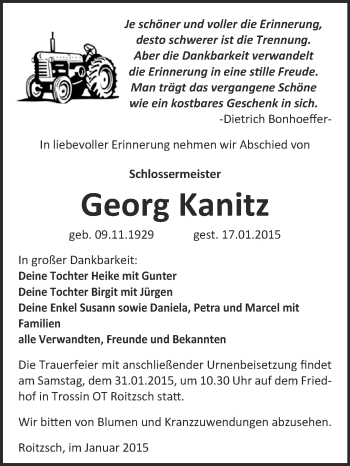 Traueranzeige von Georg Kanitz von WVG - Wochenspiegel Wittenberg
