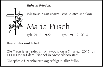 Traueranzeige von Maria Pusch von Mitteldeutsche Zeitung Aschersleben