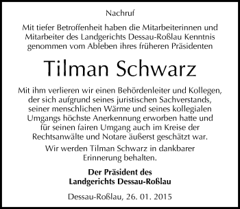 Traueranzeige von Tilman Schwarz von Mitteldeutsche Zeitung Dessau-Roßlau