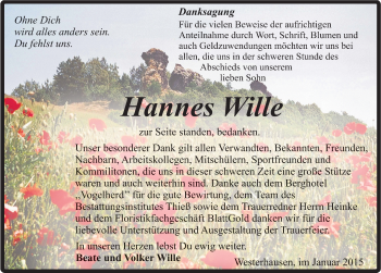 Traueranzeige von Hannes Wille von Mitteldeutsche Zeitung Quedlinburg