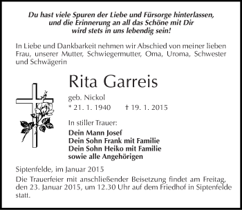 Traueranzeige von Rita Garreis von Mitteldeutsche Zeitung Quedlinburg