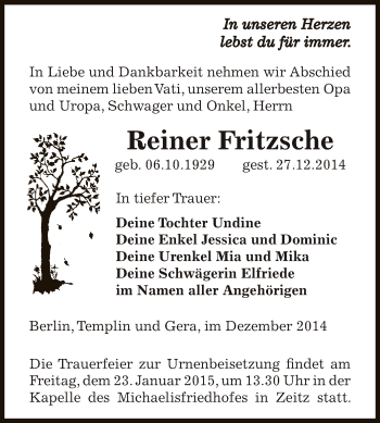 Traueranzeige von Reiner Fritzsche von Super Sonntag Zeitz