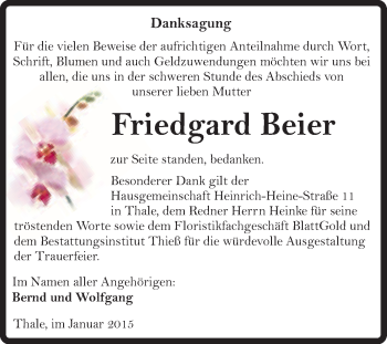Traueranzeige von Friedgard Beier von Super Sonntag Quedlinburg