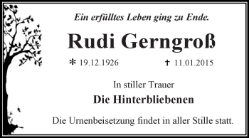 Traueranzeige von Rudi Gerngroß von WVG - Wochenspiegel Dessau / Köthen