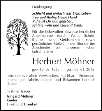 Traueranzeige von Herbert Möhner von Mitteldeutsche Zeitung Mansfelder Land