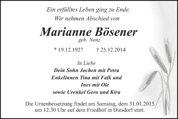 Traueranzeige von Marianne Bösener von WVG - Wochenspiegel Dessau / Köthen
