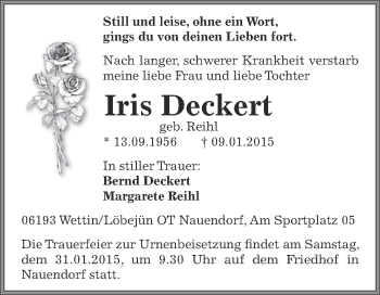 Traueranzeige von Iris Deckert von Super Sonntag SGH Mansf. Land