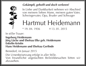 Traueranzeige von Hartmut Heidemann von Mitteldeutsche Zeitung Mansfelder Land