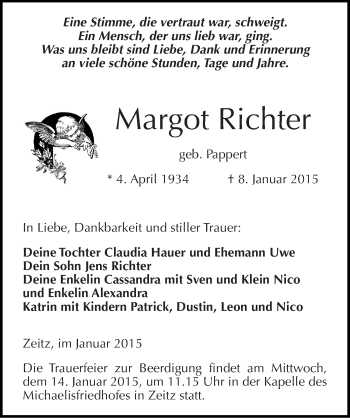 Traueranzeige von Margot Richter von Mitteldeutsche Zeitung Zeitz