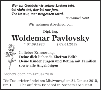 Traueranzeige von Woldemar Pavlovsky von WVG - Wochenspiegel Aschersleben