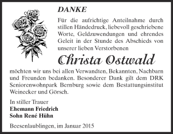 Traueranzeige von Christa Ostwald von Super Sonntag Bernburg